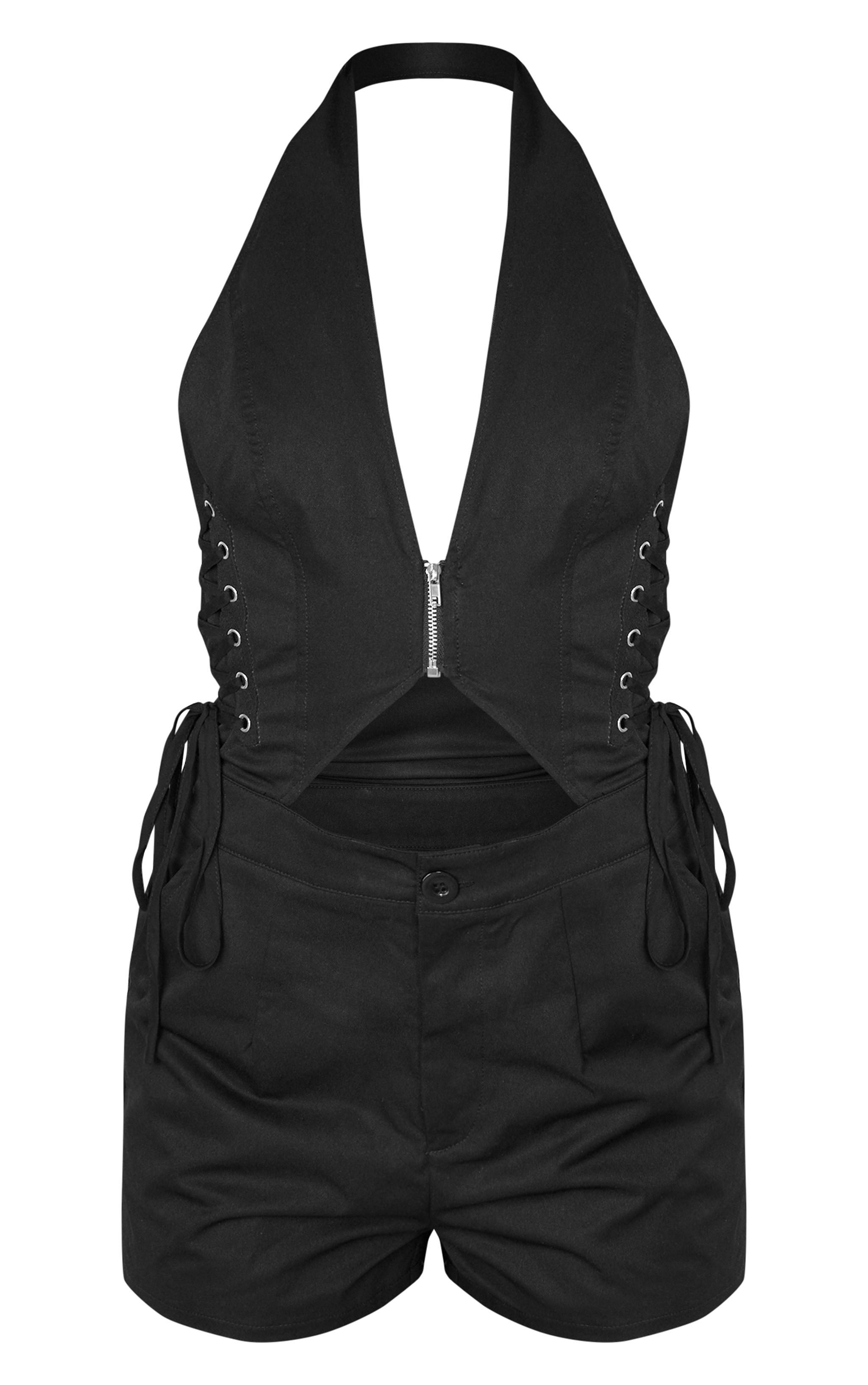 Black Woven Halter Zip Detail Lace Up Romper Product Image