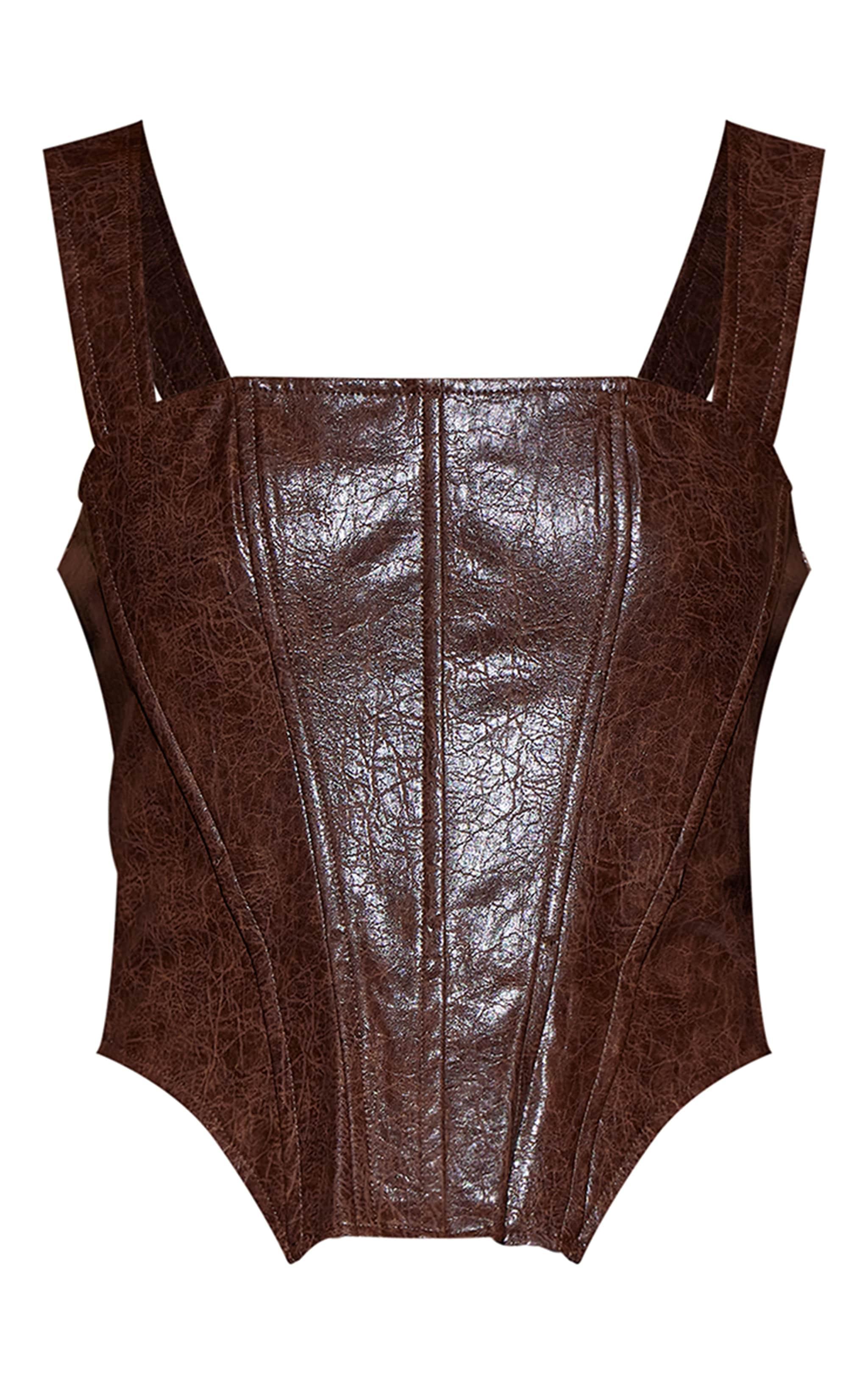 Chocolate Washed Faux Leather Dip Hem Strappy Top Product Image