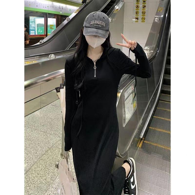 Plain Half-Zip Midi A-Line Hoodie Dress Product Image