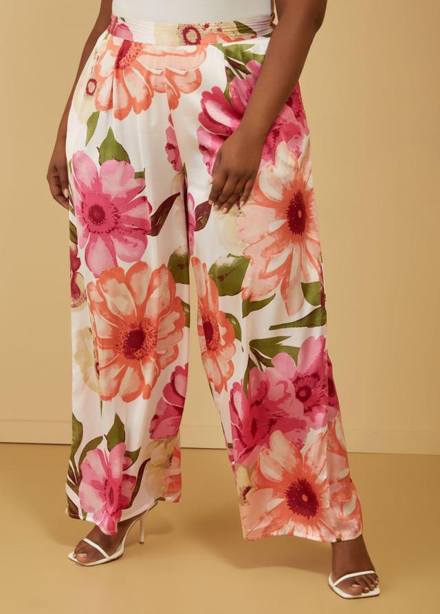 Plus Size Floral Print Satin Wide Leg Pants Ashley Stewart Product Image