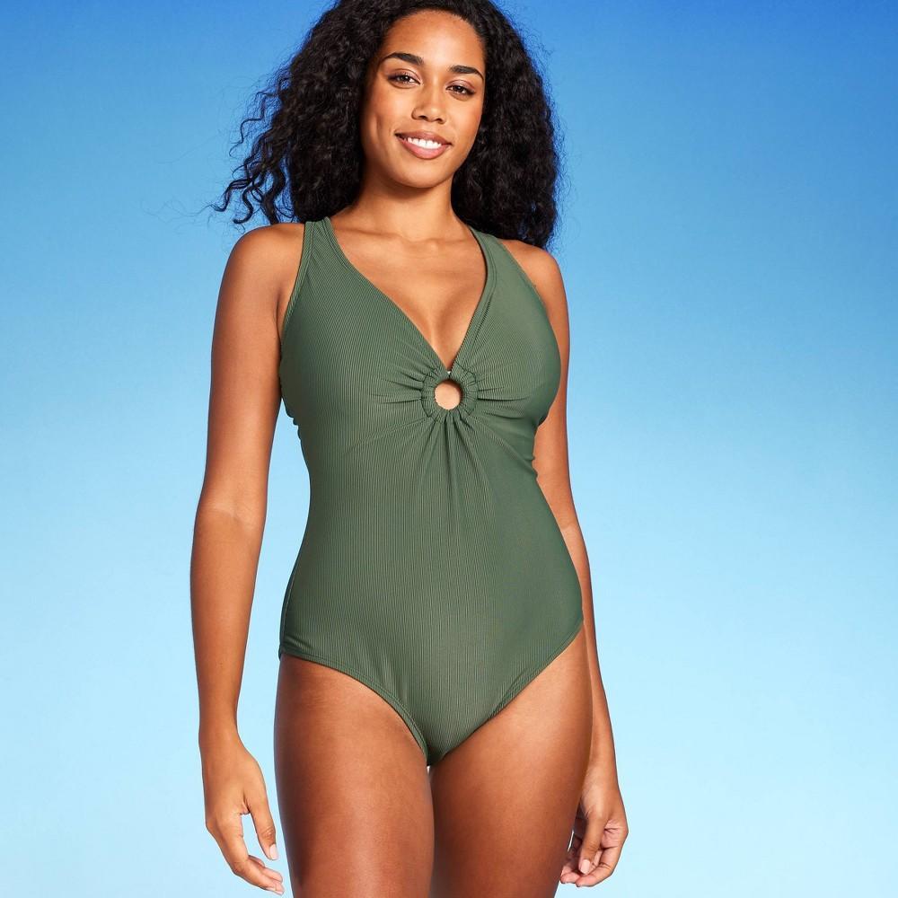 WomensRibbed Plunge Ring Detail One Piece Swimsuit - Shade & Shore Black S: Adjustable Straps, Stretch Fabric Product Image