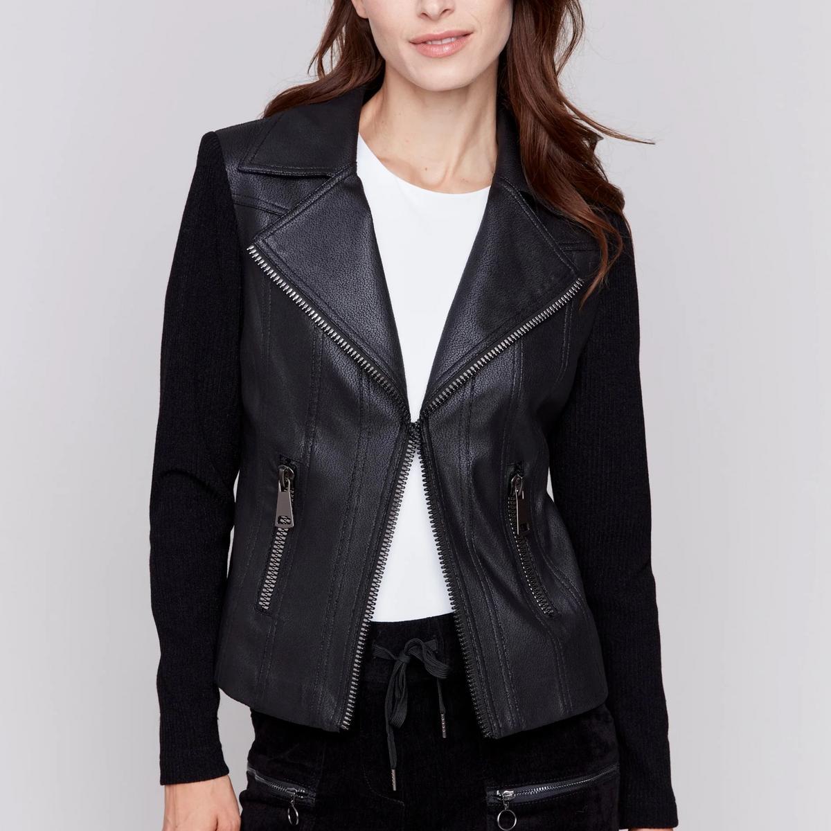 Faux Leather/Rib Knit Jacket Product Image