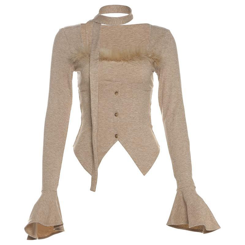 Bell Sleeve Square-Neck Furry-Trim Plain Slim-Fit Crop Top Product Image