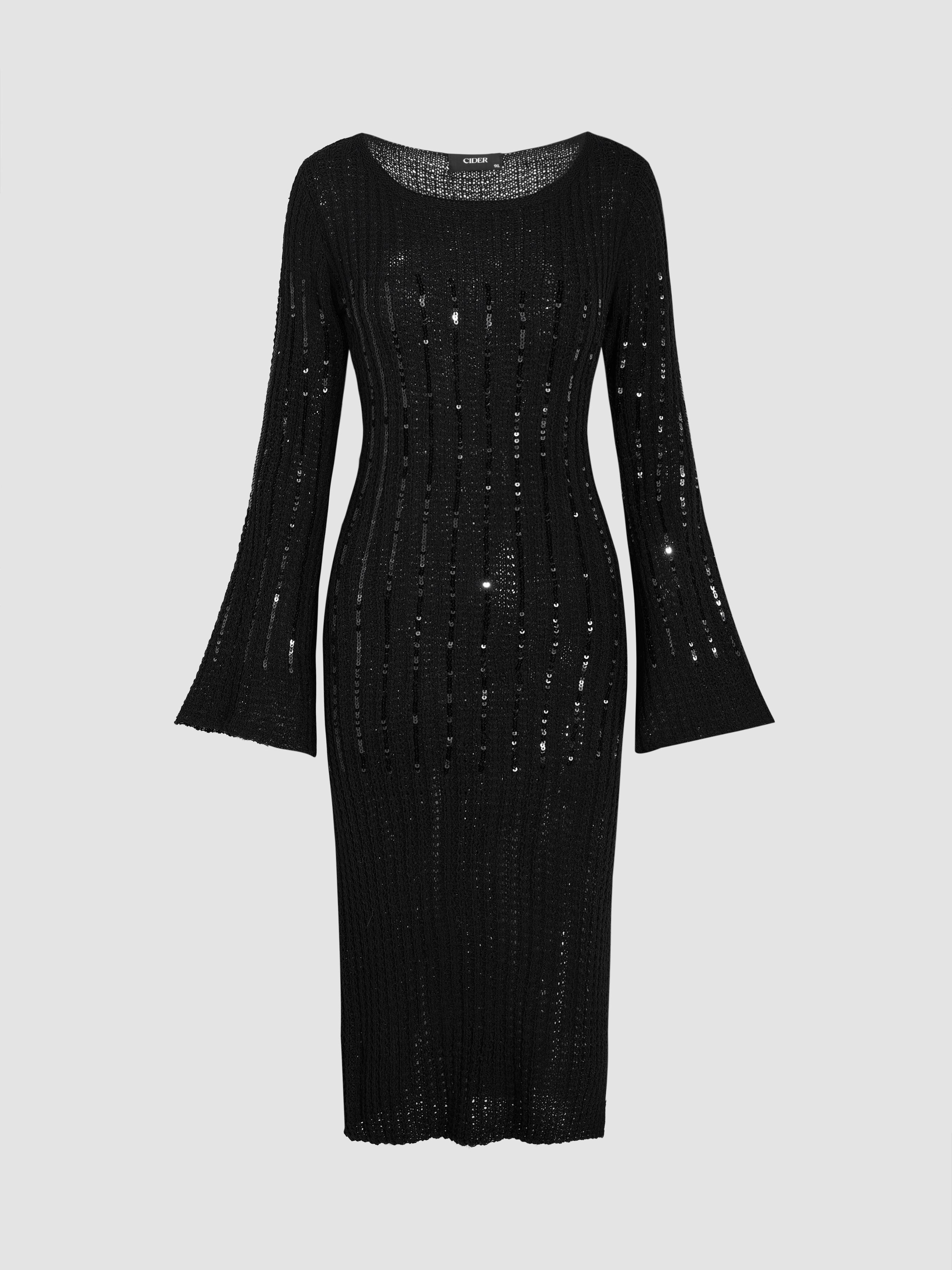 Knit U-neck Sequin Split Midi Dress Product Image