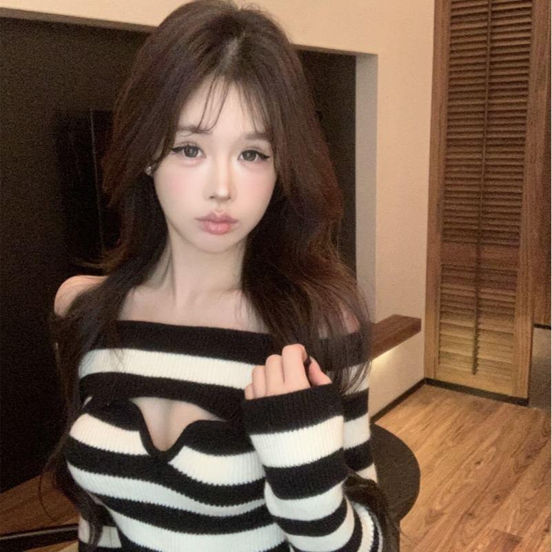 Off Shoulder Long Sleeve Striped Crop Knit  Top Product Image