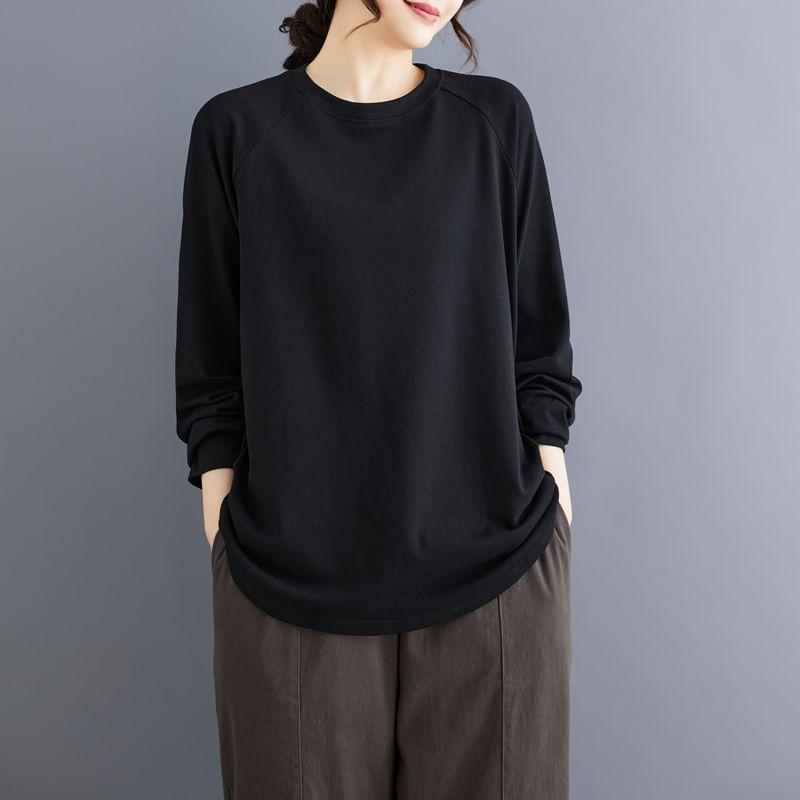 Long-Sleeve Round Neck Plain Raglan T-Shirt Product Image