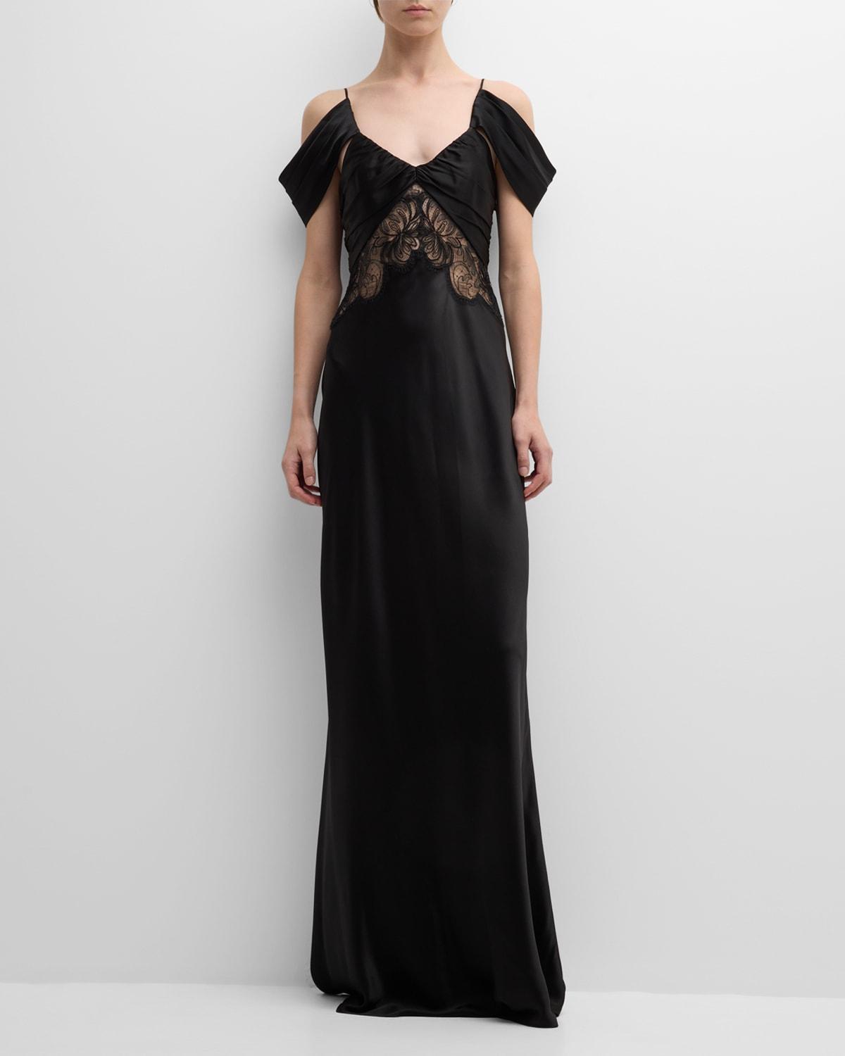 Draped Off-The-Shoulder Lace-Inset Satin Gown Product Image