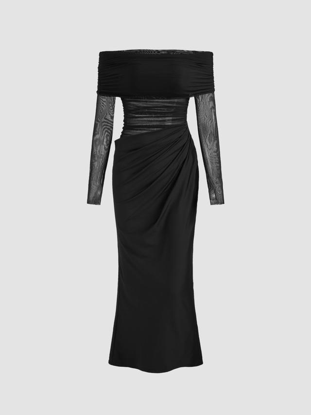 Off-shoulder Solid Sheer Ruched Maxi Dress Product Image