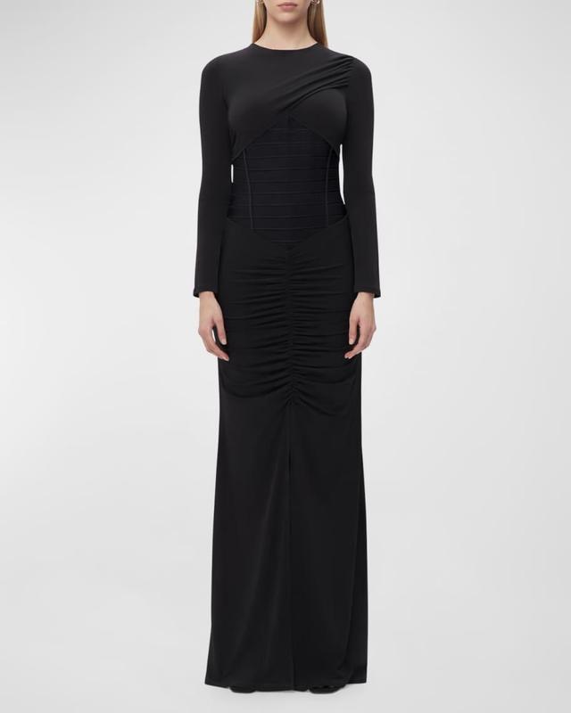 Roxana Long-Sleeve Ruched Slit Gown Product Image