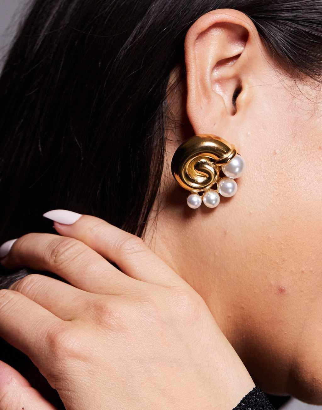 8 Other Reasons swirl chunky earrings with pearl detail in 18k gold plated Product Image