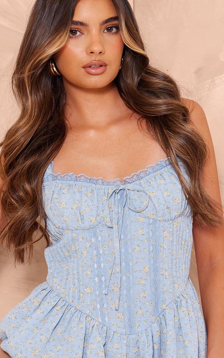 Blue Ditsy Print Woven Corset Lace Trim Romper Product Image