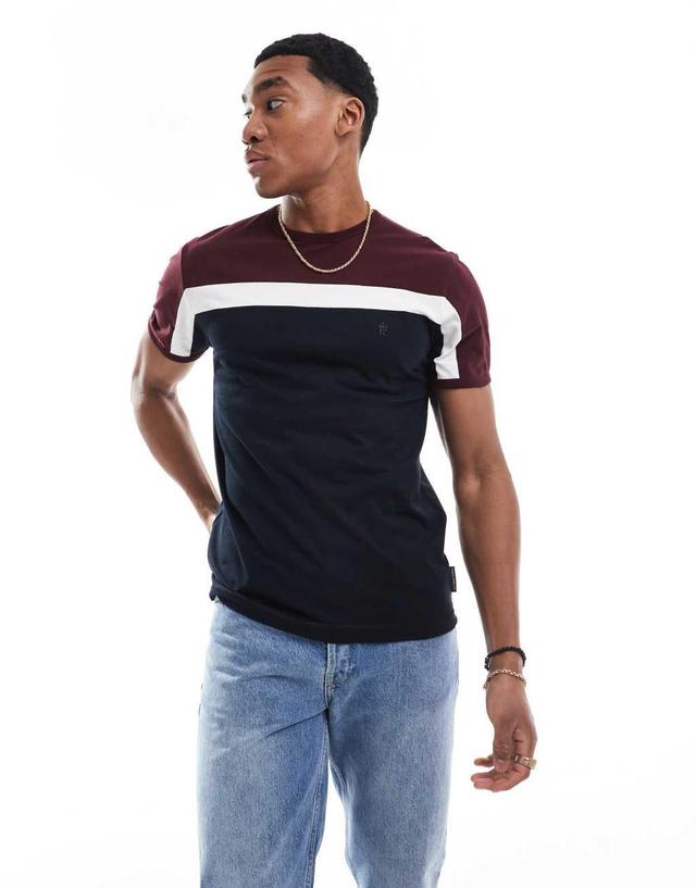 French Connection color block T-shirt in navy & burgundy Product Image