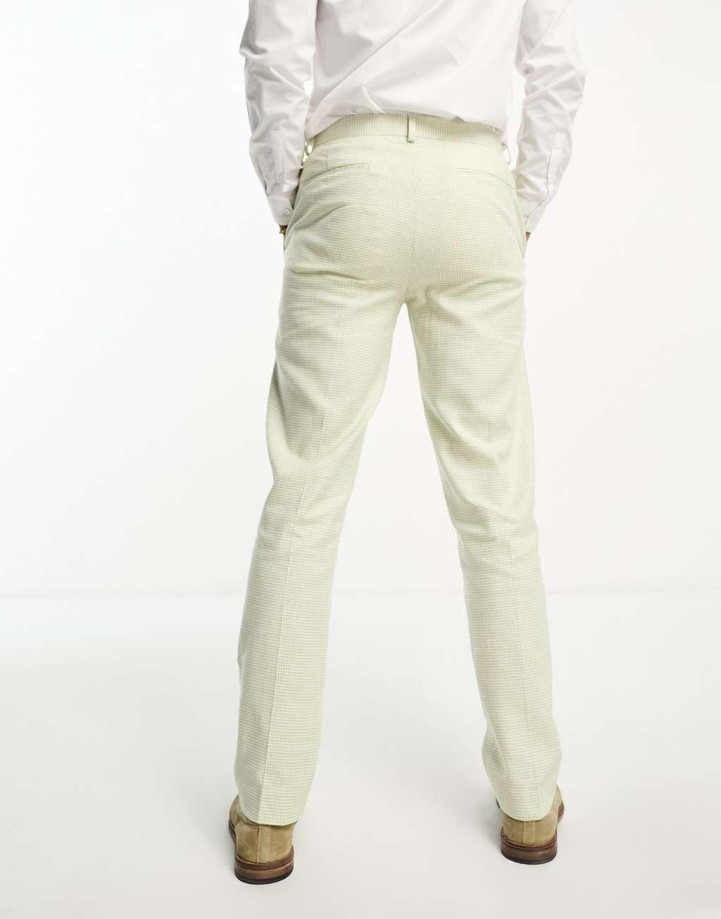 ASOS DESIGN slim suit pants in linen in puppytooth in green Product Image