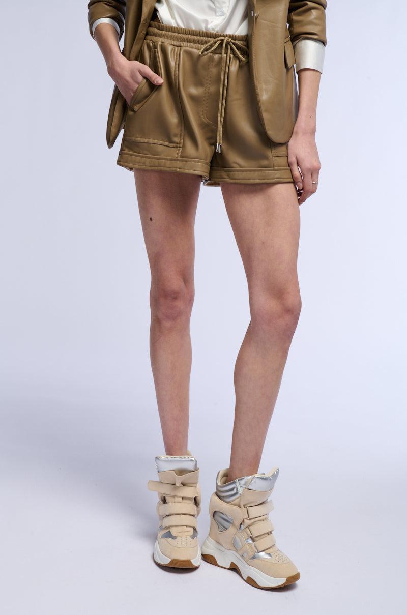 TRES CHIC FAUX LEATHER DRAWSTRING SHORT Product Image