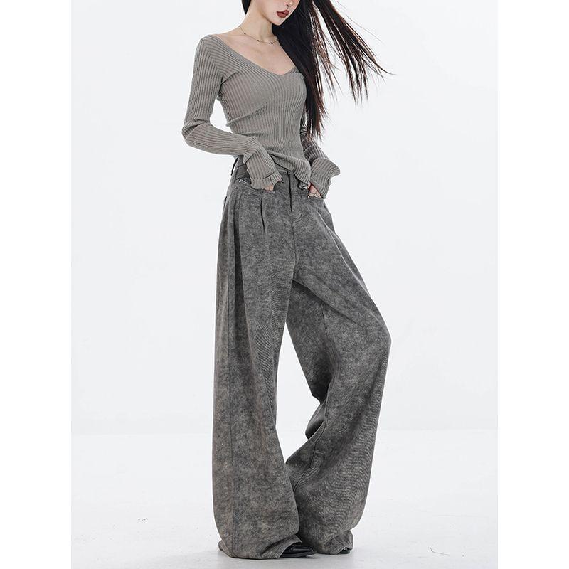 High-Waist Plain Loose Fit Straight Leg Pants Product Image