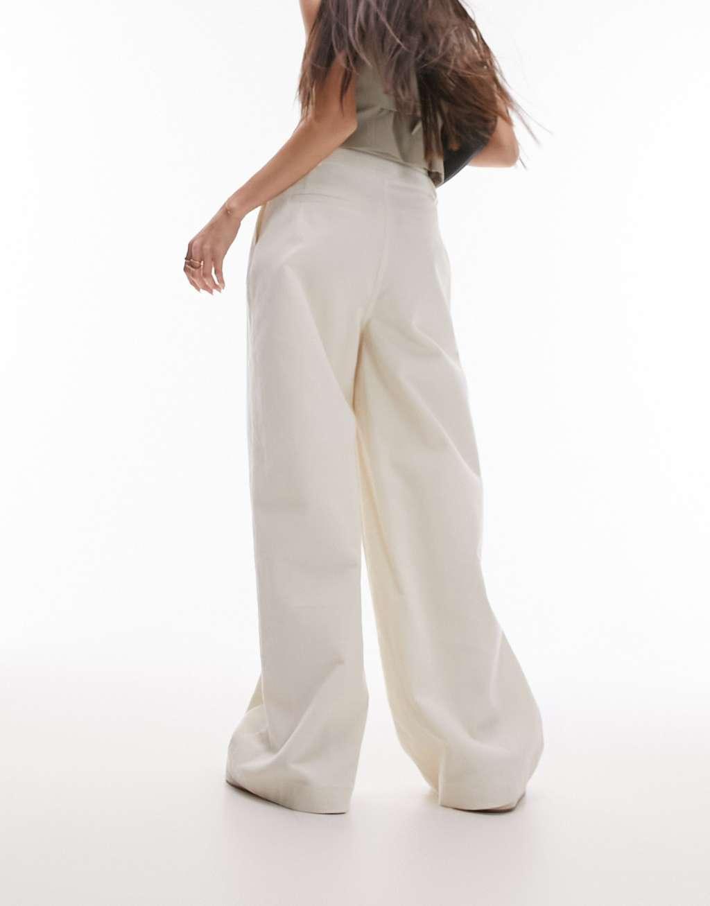 Topshop cord tailored wide leg pants in ecru Product Image