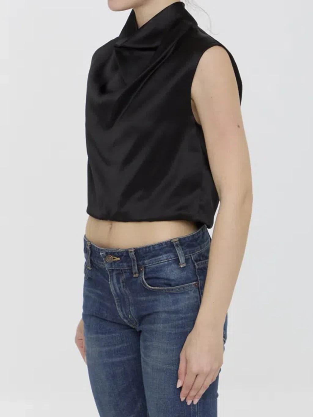 SAINT LAURENT Satin Cropped Top Tops Black Product Image