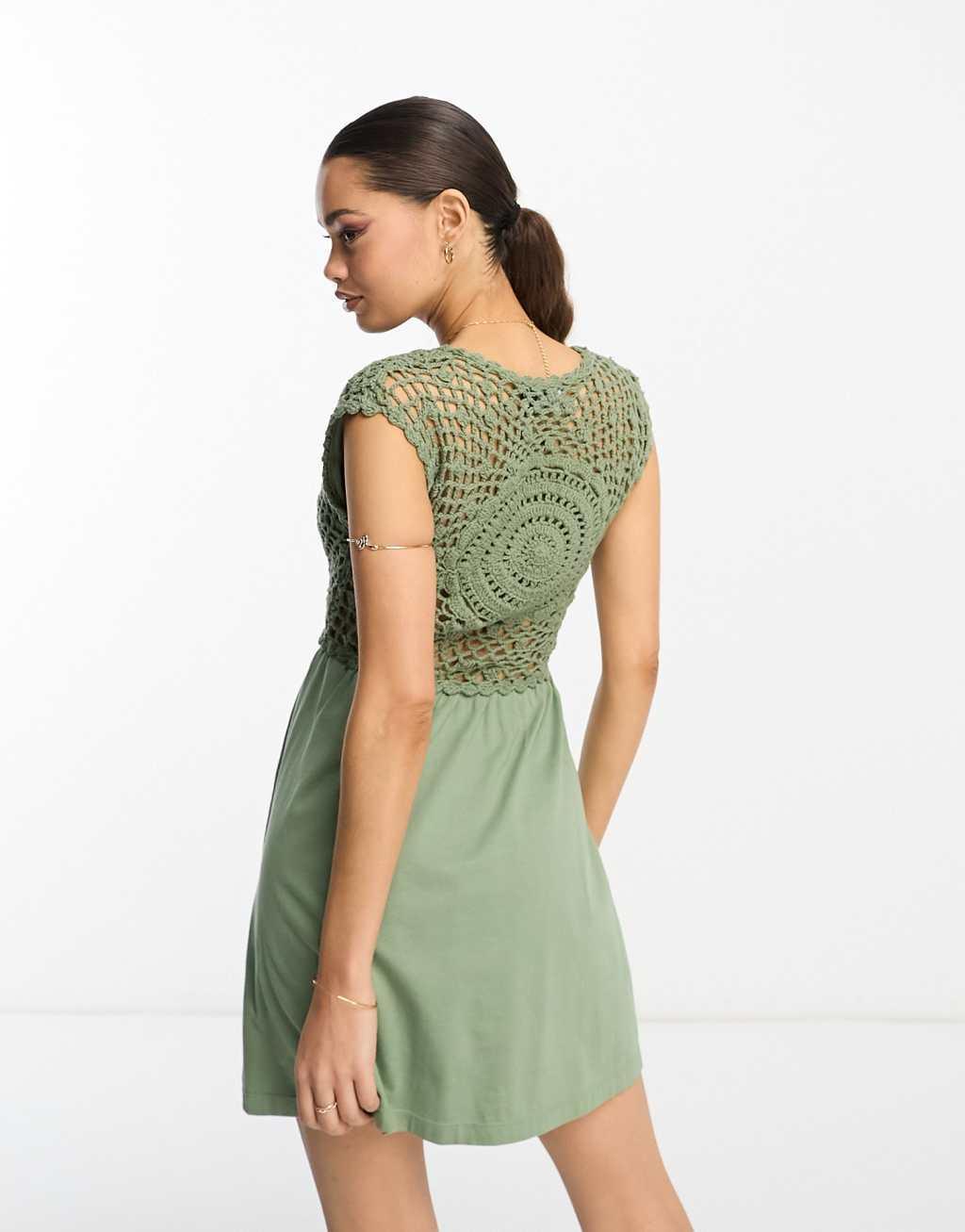 ASOS DESIGN Petite crochet mix mini dress with tie detail in khaki Product Image