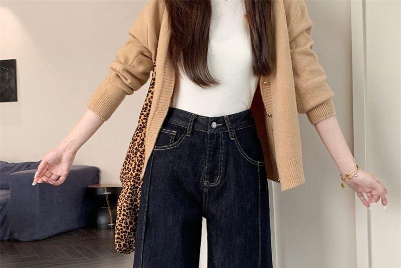 High Waist Unwashed Fleece-Lined Wide Leg Jeans Product Image