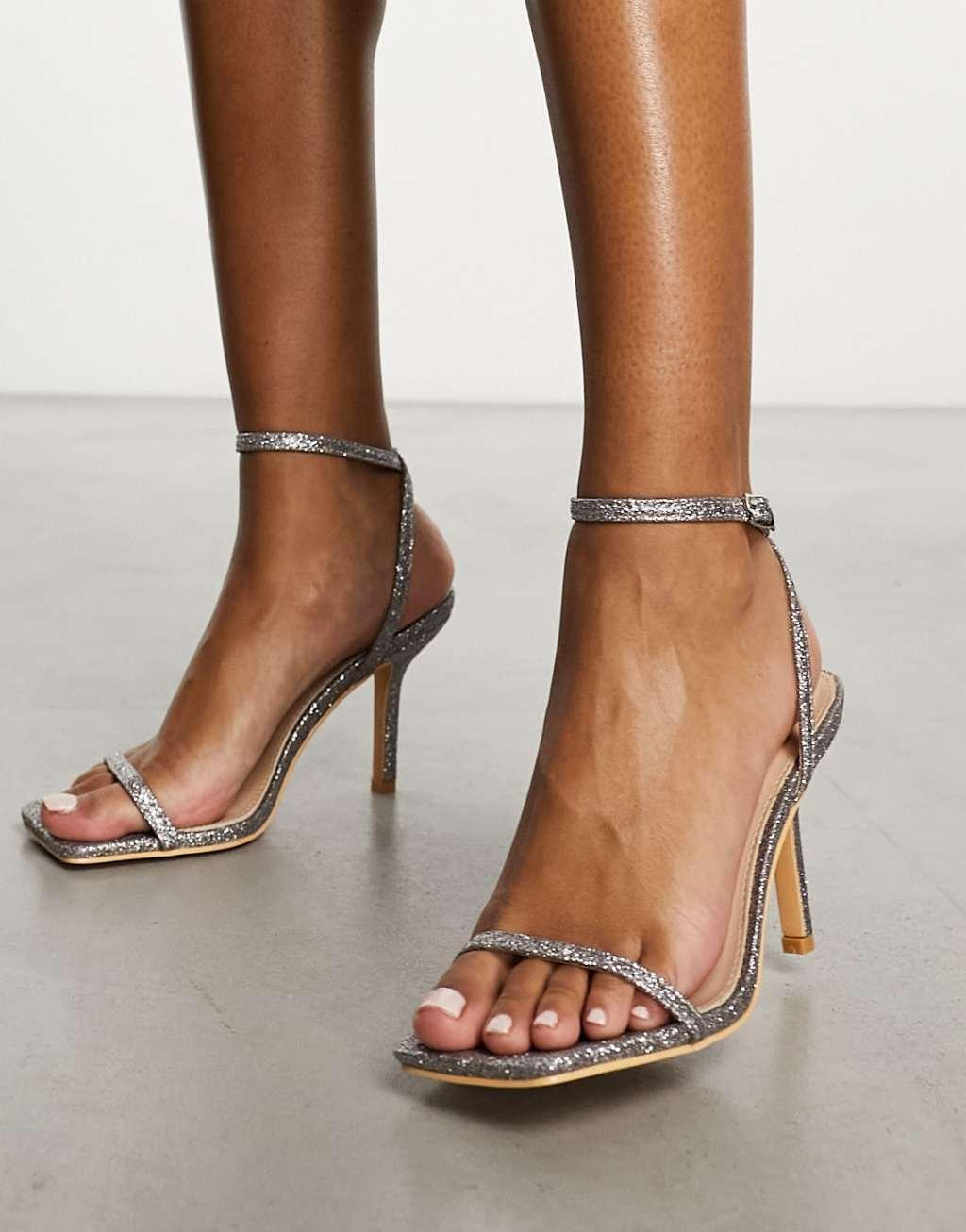 Glamorous Wide Fit barely there heeled sandals in silver glitter Product Image