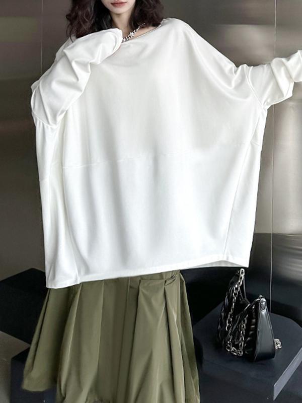 Batwing Sleeves Long Sleeves Solid Color Round-Neck T-Shirts Tops Product Image