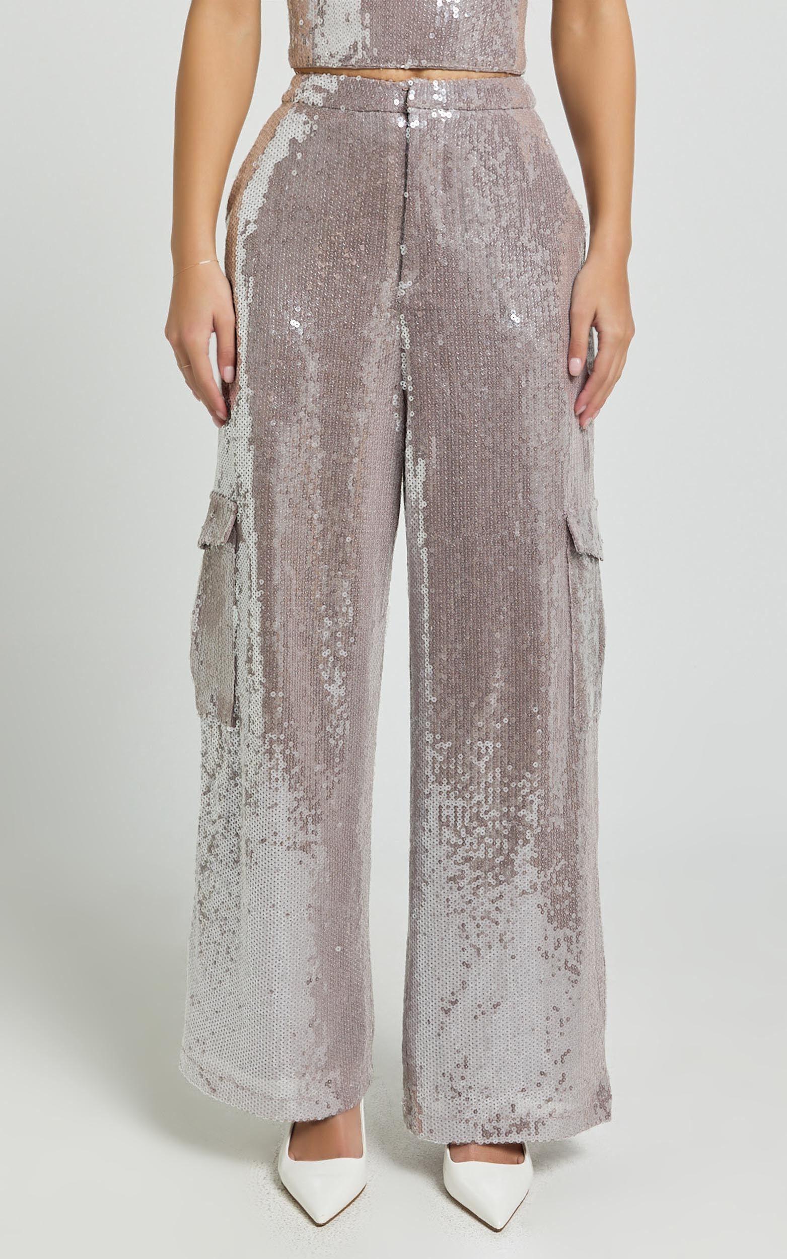 Tricia Pants - Mid Waist Cargo Pocket Sequin Pants in Grey Product Image