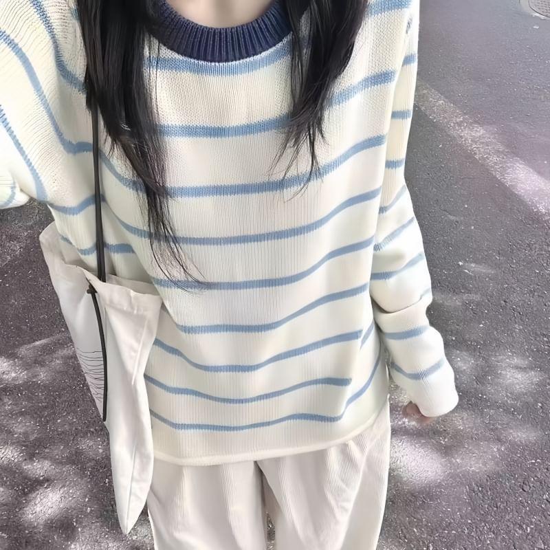 Long-Sleeve Crewneck Striped Knit Top Product Image