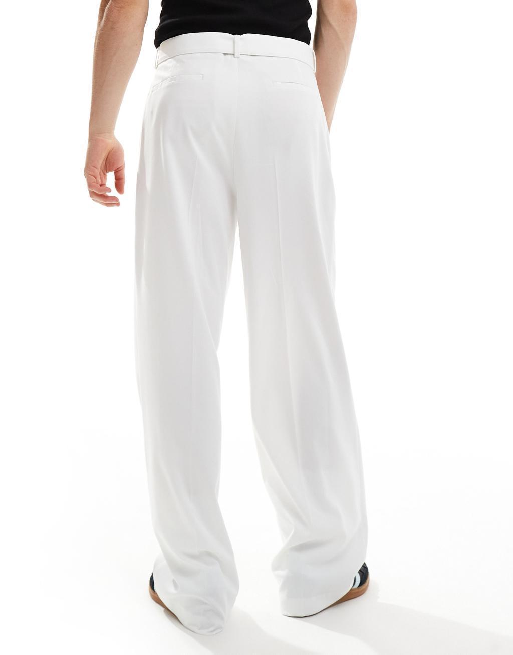 ASOS DESIGN smart wide leg pants with belt detail in white Product Image