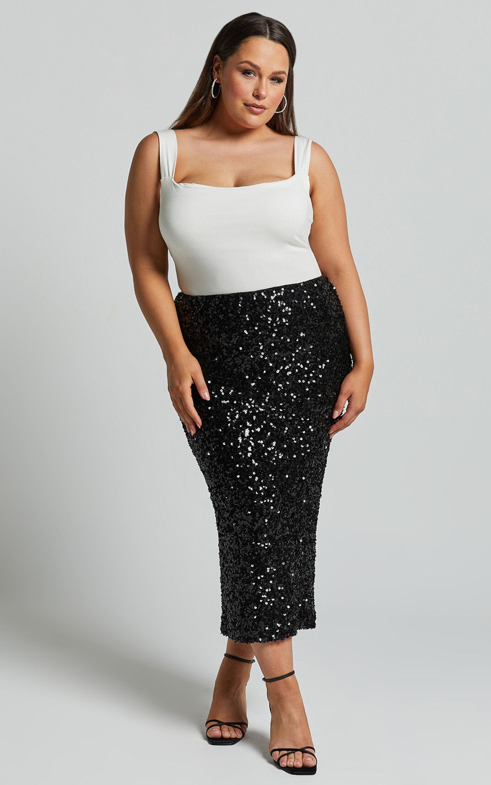 Hasley Midi Skirt - Sequin Bodycon Skirt in Black Product Image