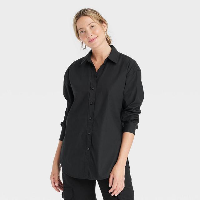 Womens Oversized Long Sleeve Collared Button-Down Shirt - Universal Thread Black XS Product Image