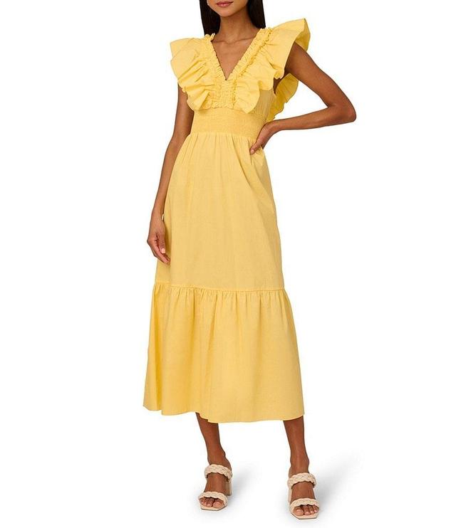 Adrianna by Adrianna Papell Ruffle V-Neck Smocked Waist Sleeveless Midi Dress Product Image