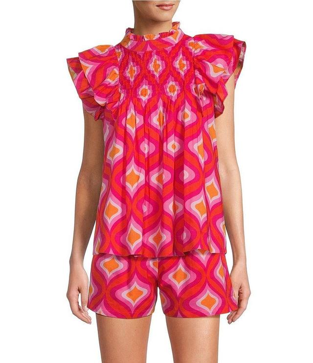 J.Marie Quinn Printed Ruffle Mock Neck Cap Sleeve Pleated Coordinating Woven Top Product Image