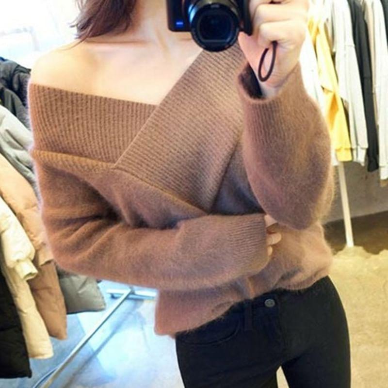 Off-Shoulder Long-Sleeve Plain Sweater Product Image