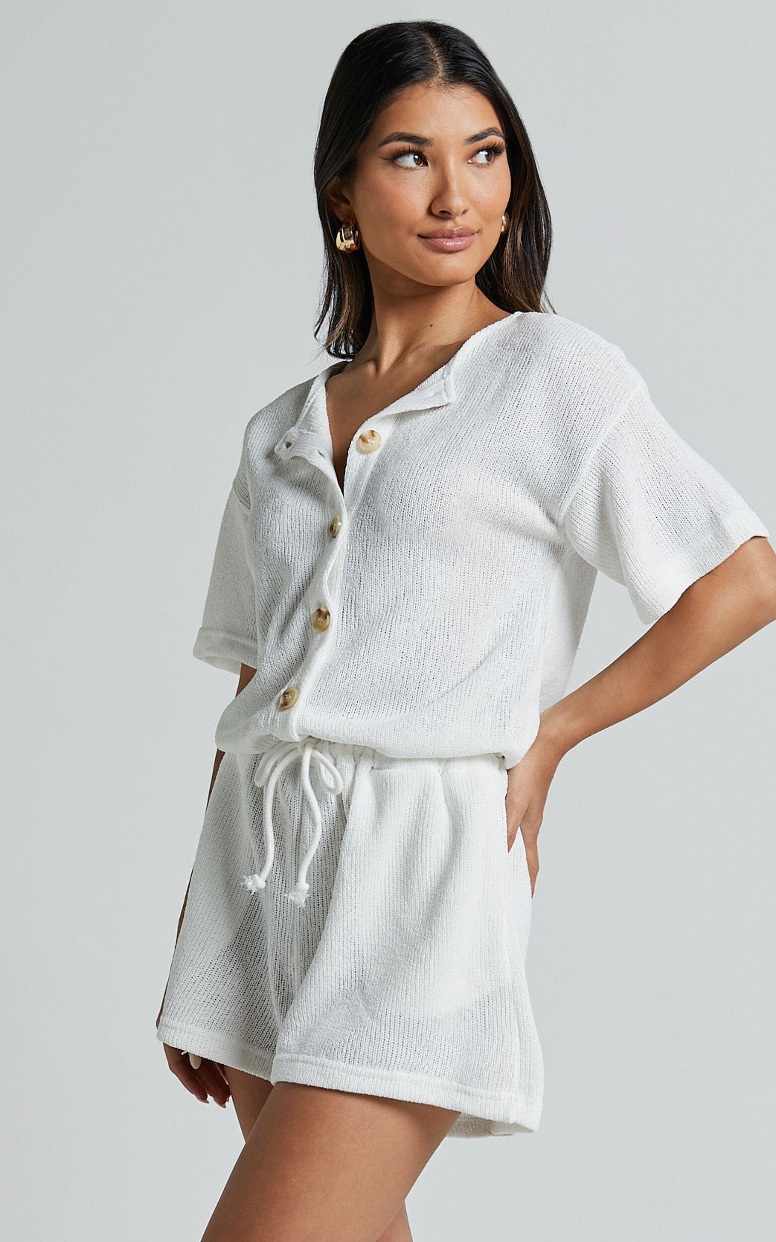 Edeline Playsuit - Button Front Short Sleeve Drawstring Waist in Off White Product Image