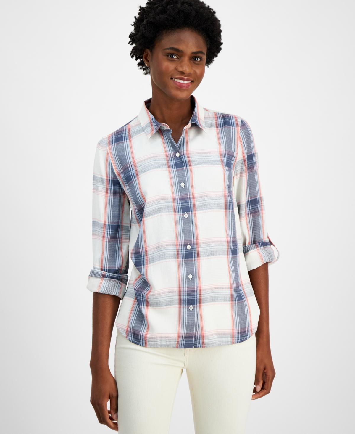 Nautica Jeans Womens Plaid Roll-Tab-Sleeve Button-Front Shirt Product Image