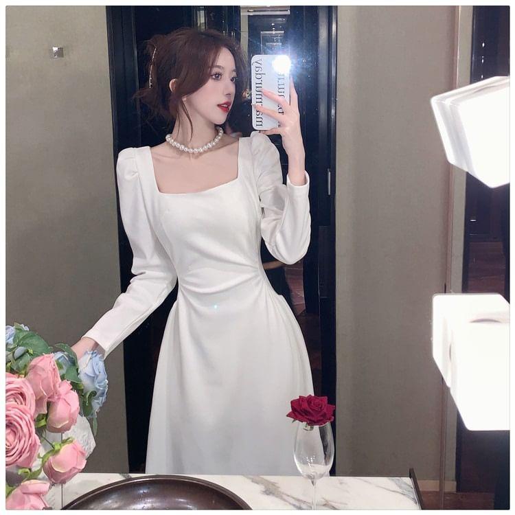 Long Sleeve Square Neck Plain Midi Dress Product Image