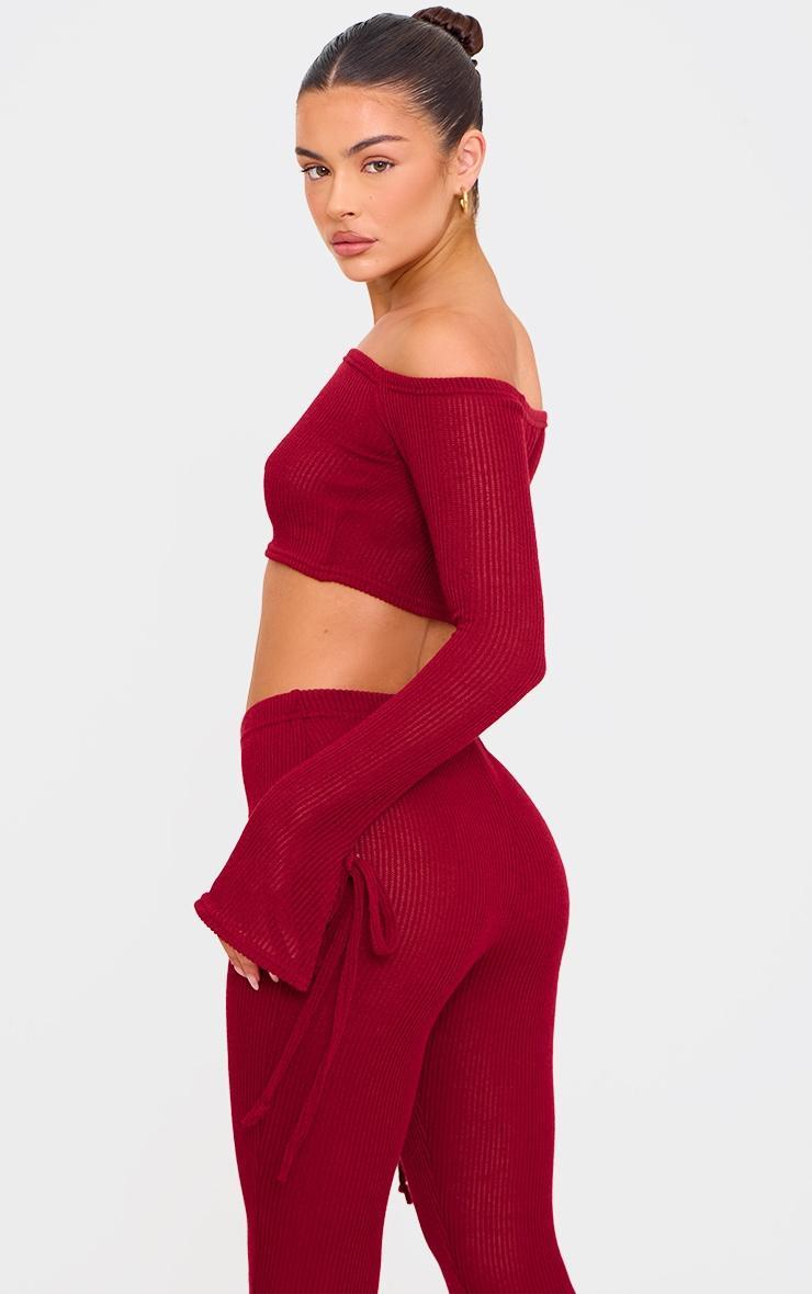 Cherry Red Sheer Soft Rib Bardot Long Sleeve Crop Top Product Image