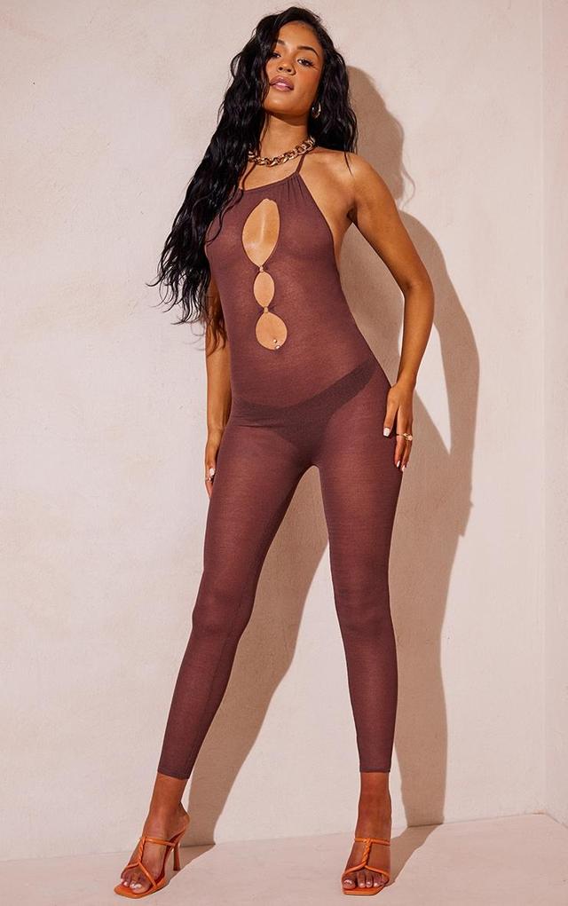 Tall Chocolate Sheer Knit Cut Out Jumpsuit Product Image