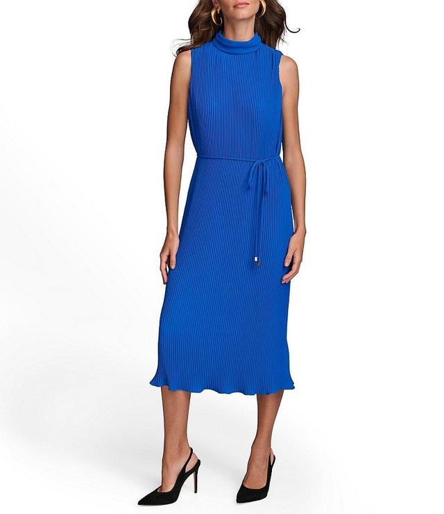 Donna Karan Sleeveless Mock Neck Tie Waist Pleated Midi Dress Product Image