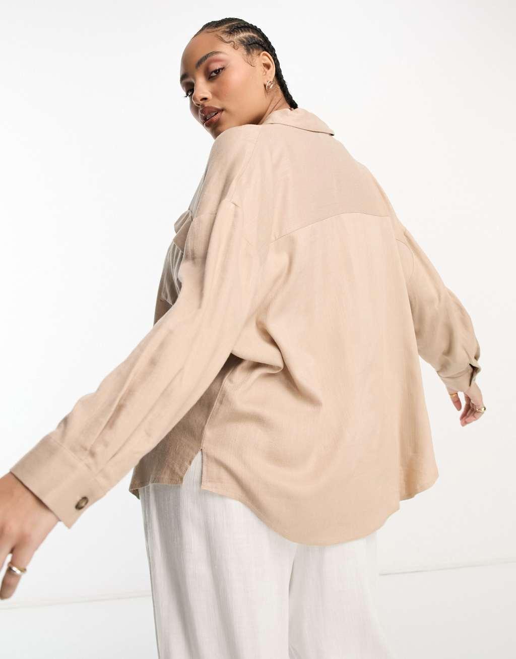 ASOS DESIGN Curve linen mix utility shirt in neutral Product Image