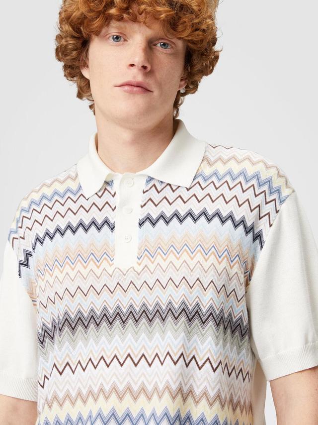 Zigzag cotton knit polo shirt with solid color inserts White & Multicoloured | Missoni Product Image