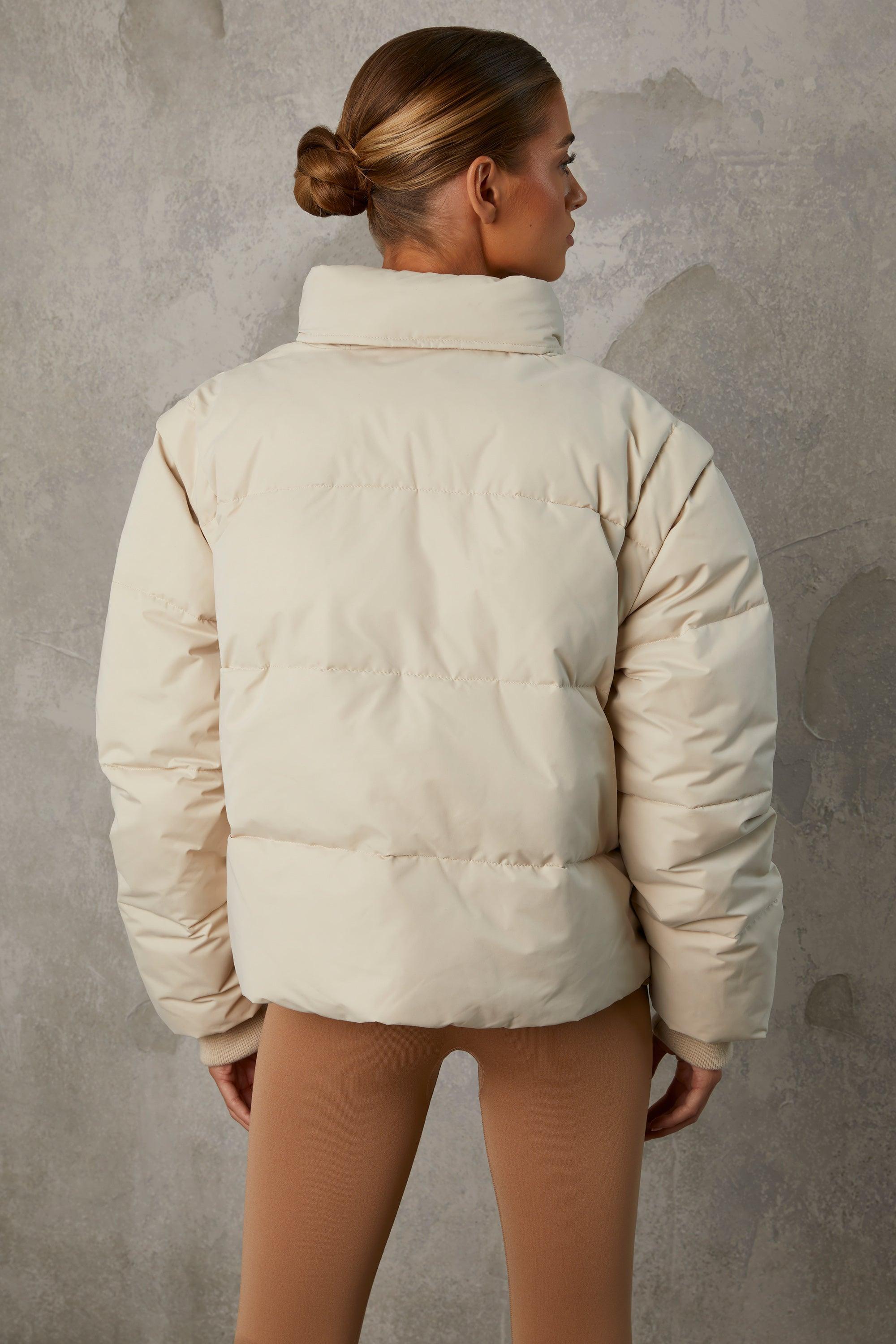 Cropped Puffer Jacket with Detachable Sleeves in Sand Product Image