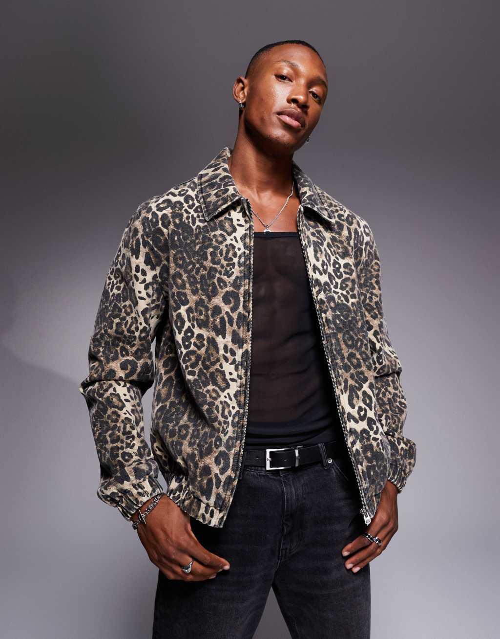 ASOS DESIGN harrington jacket in brown leopard print Product Image