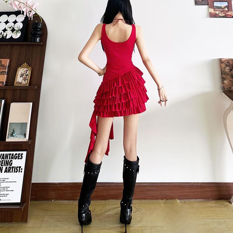 Sleeveless Crew Neck Plain Ruffle Tiered Mini A-Line Dress Product Image