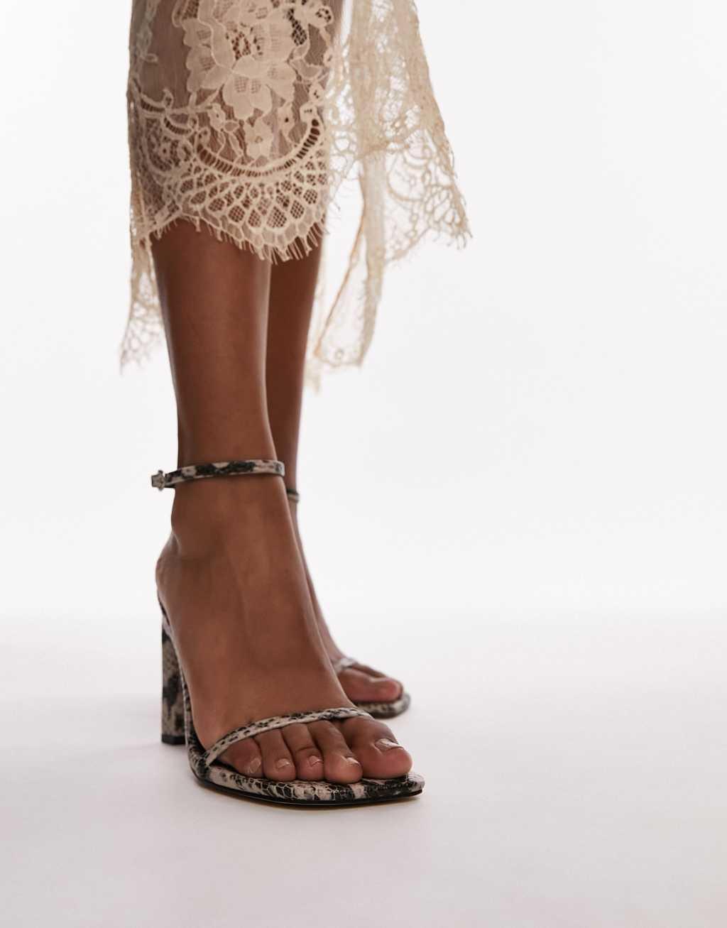 Topshop Goldie high heeled two part sandals in snake Product Image