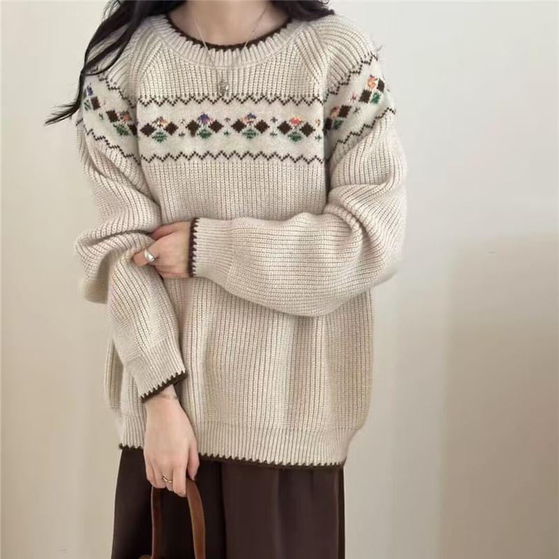 Round Neck Patterned Contrast Trim Sweater Product Image