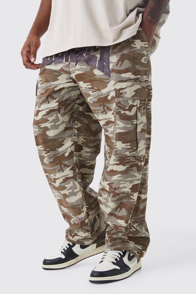 Plus Relaxed Cargo Varsity Slogan Print Camo Pants | boohooMAN USA Product Image