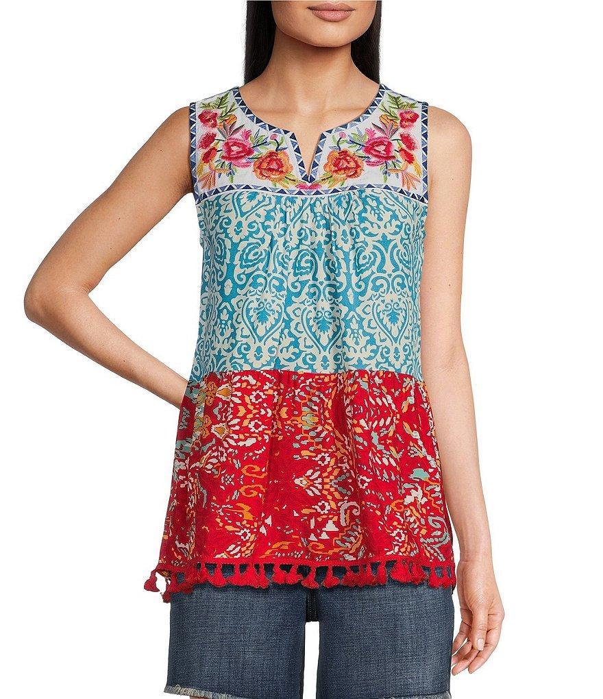 Calessa Petite Size Embroidered Patchwork Peasant Split V-Neck Sleeveless Blouse Product Image