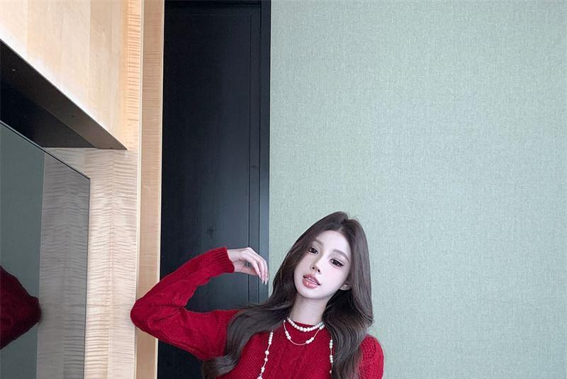 Long-Sleeve Crew Neck Plain Cable-Knit Mini Sweater Dress Product Image