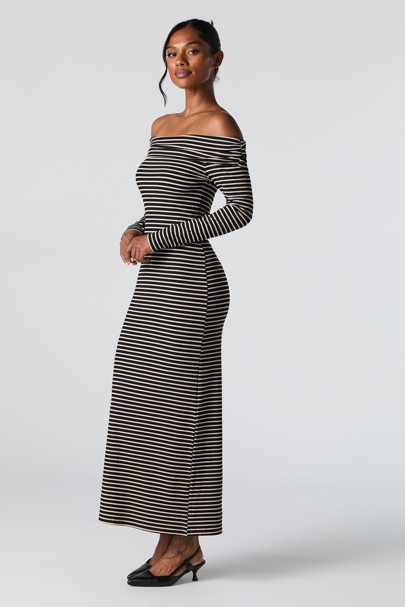 Ribbed Off Shoulder Long Sleeve Maxi Dress Female Product Image